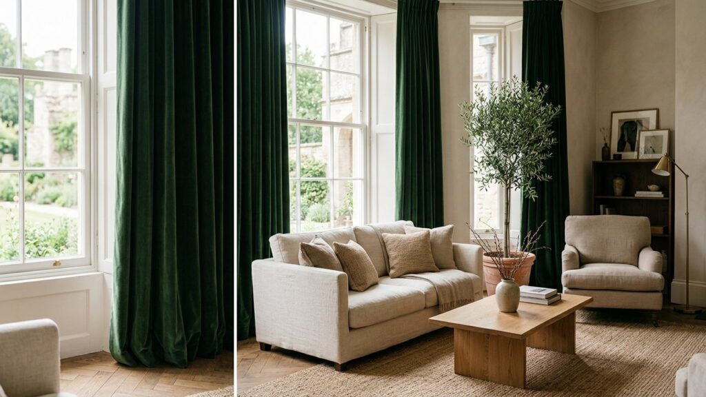 Rideaux de salon en velours vert sauge pour une décoration chaleureuse