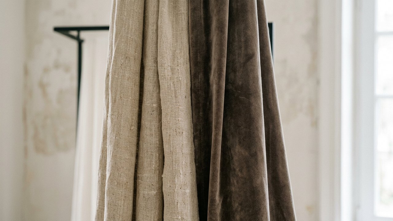 Détail des textures de rideaux en lin lavé et velours pour salon moderne