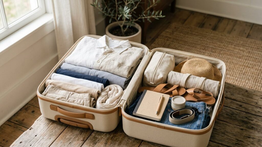Valise d'été bien organisée avec vêtements et accessoires de voyage