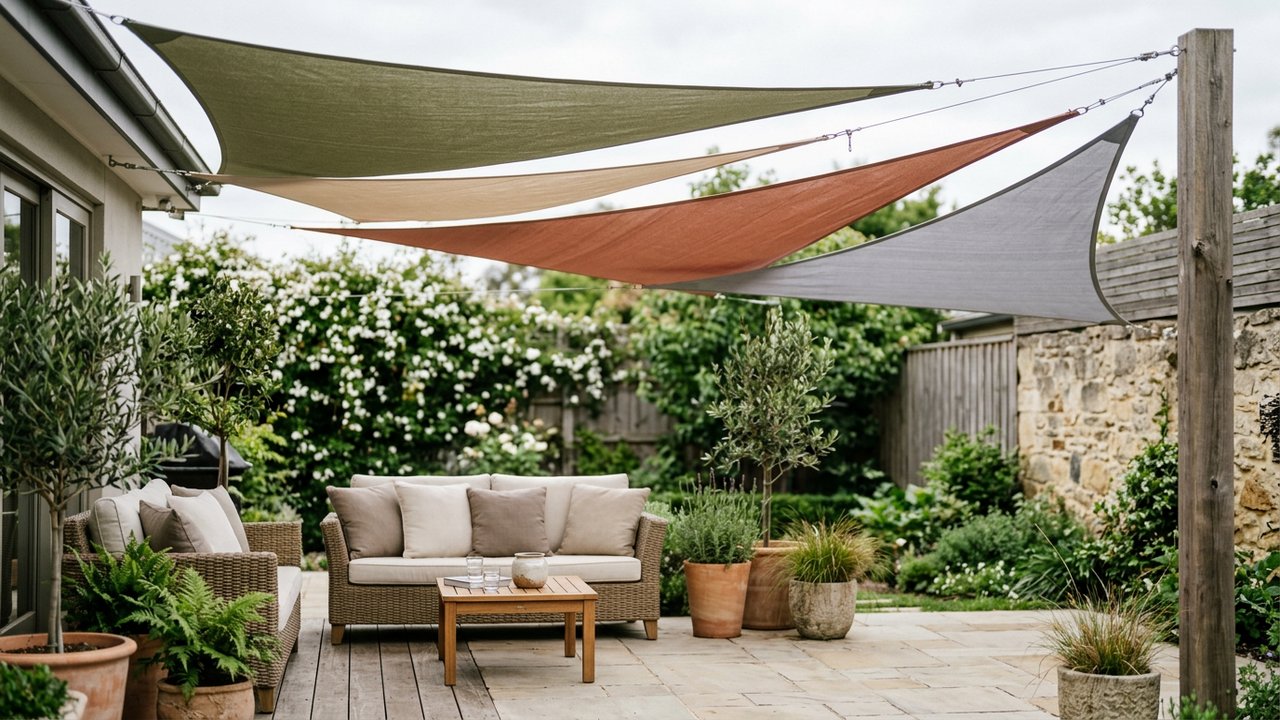 Voiles d'ombrage de différentes couleurs et formes sur une terrasse