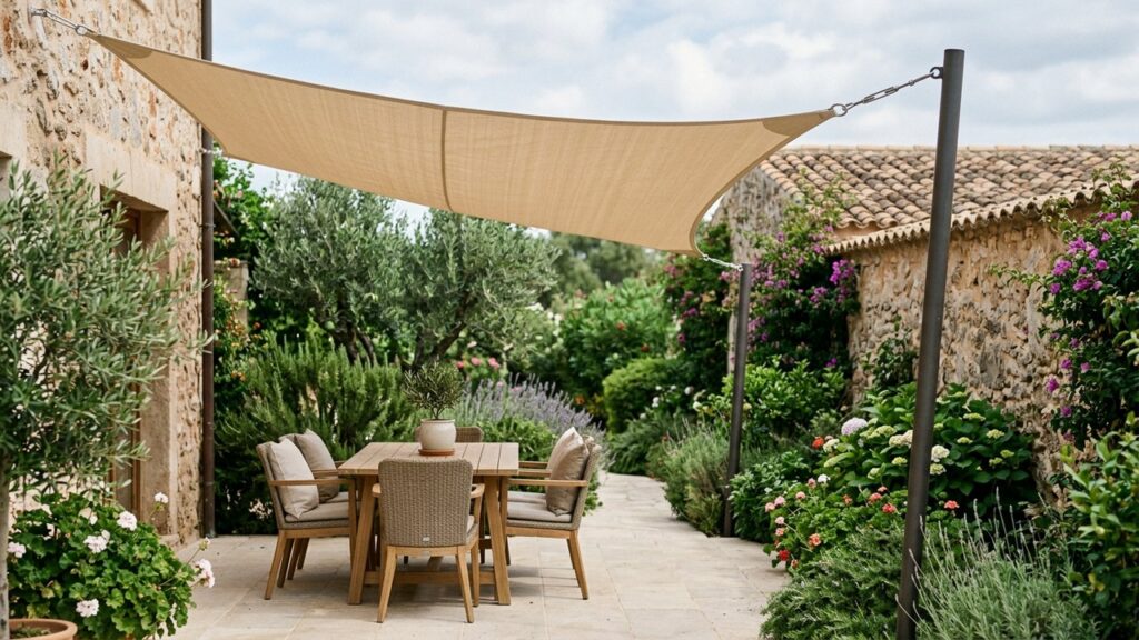 Installation d'une voile d'ombrage sur une terrasse avec fixations métalliques