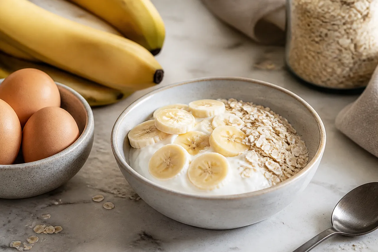 Ingrédients d'une recette de gâteau flocon d'avoine banane yaourt