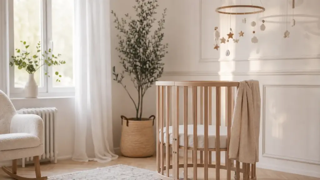 Lit bébé rond ou ovale dans une chambre d'enfant