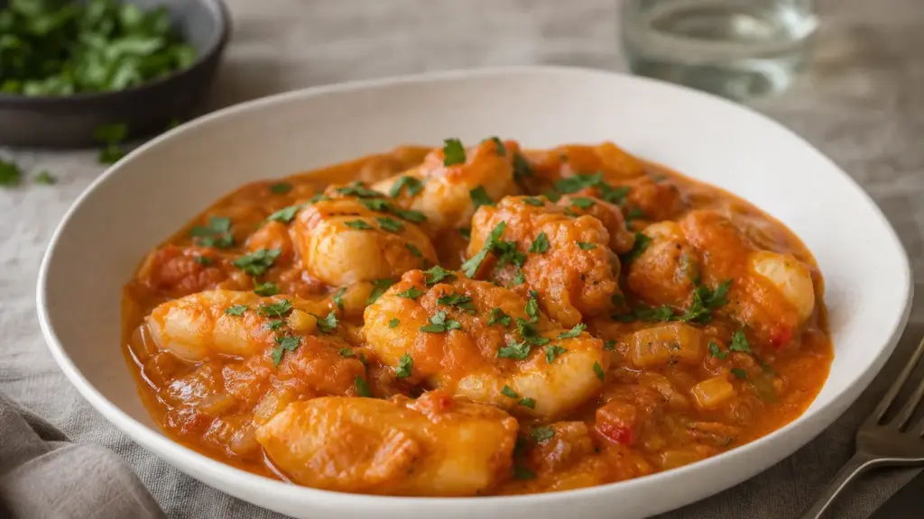 Lotte à l'armoricaine recette grand-mère, servie en sauce tomate