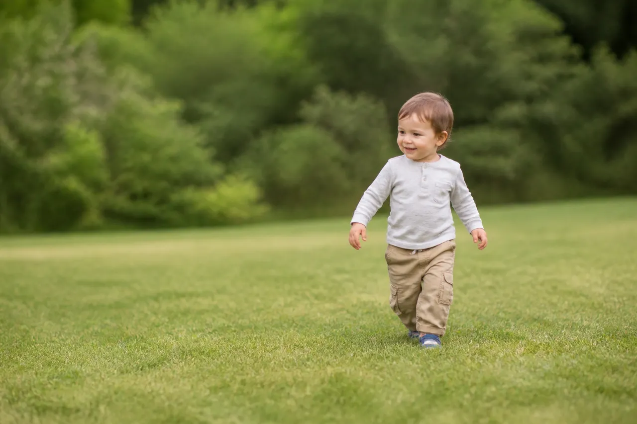 Activité physique bébé 18 mois : marche sur l'herbe